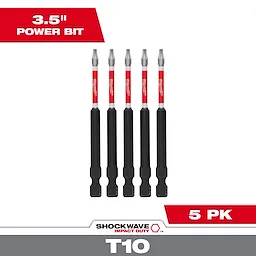 Image of five SHOCKWAVE™ 3-1/2" Impact TORX® T10 Power Bits (5 PK). Each bit has a black lower half and a metallic tip, with a red and white Milwaukee branding. Text indicating "3.5" Power Bit" and "5 PK" is present in the image.