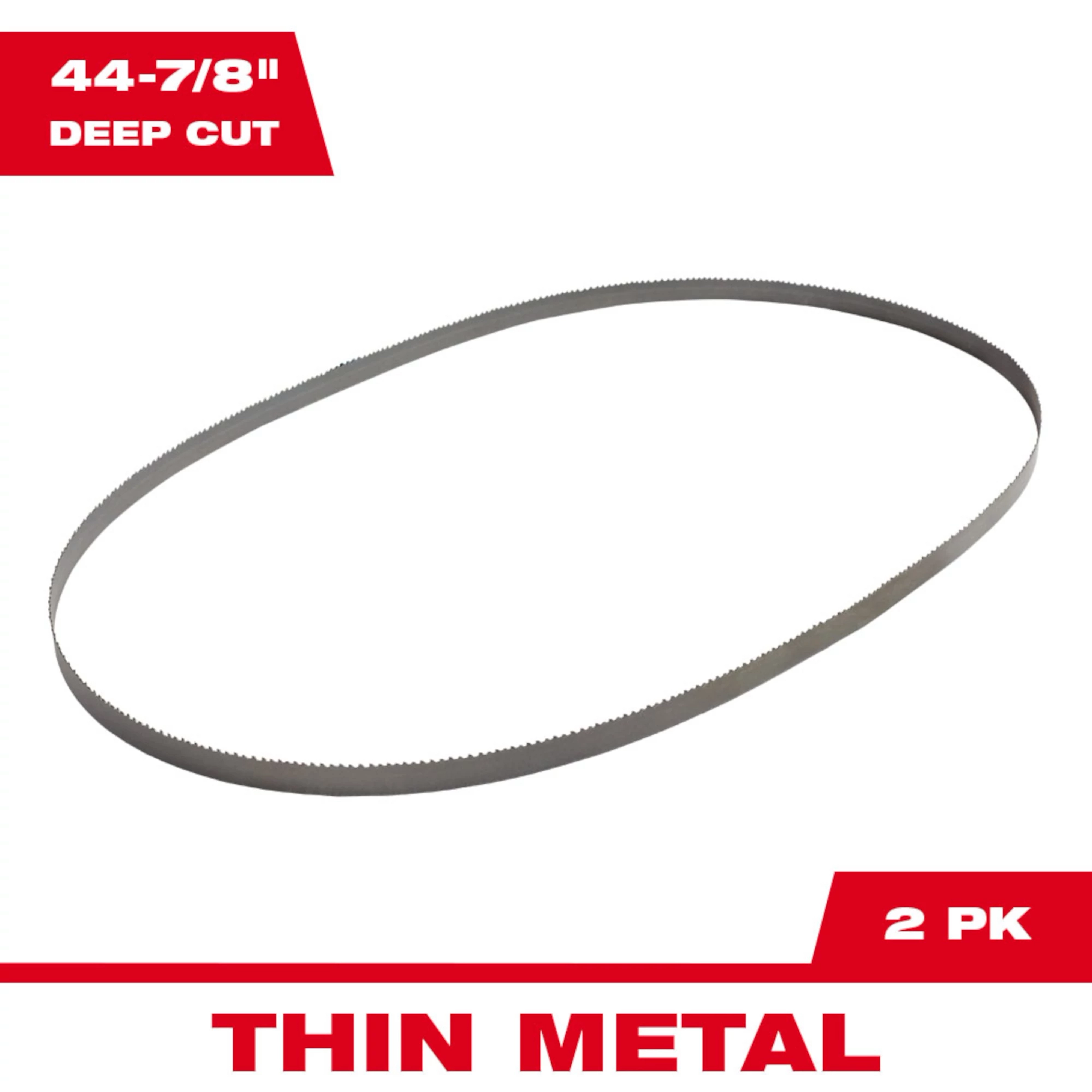 Band Saw Blade Main Image features a 44-7/8" deep cut blade for thin metal cutting. Pack includes two blades.