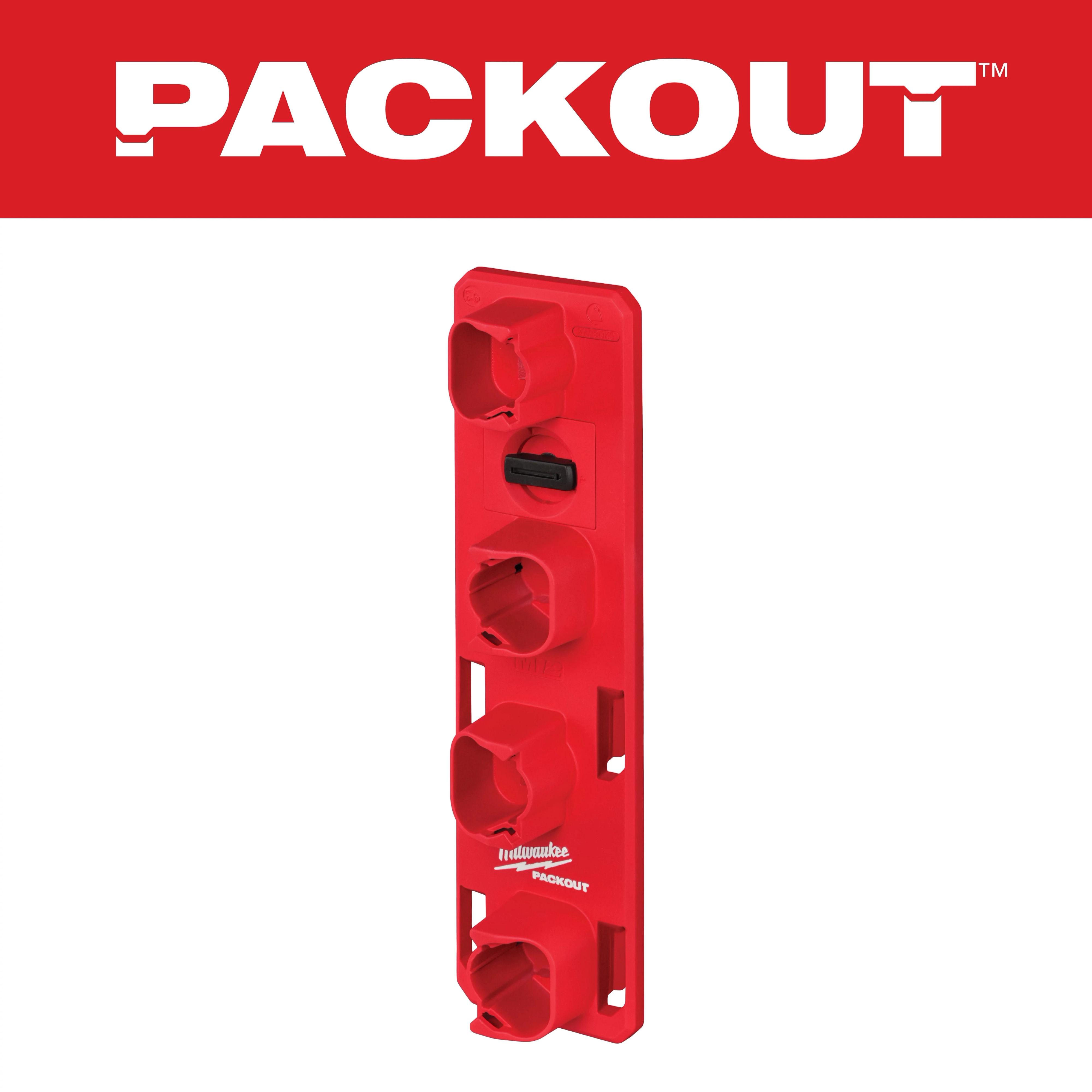 The PACKOUT M12 Battery Rack is a red, vertical storage solution designed to securely hold up to four M12 batteries.