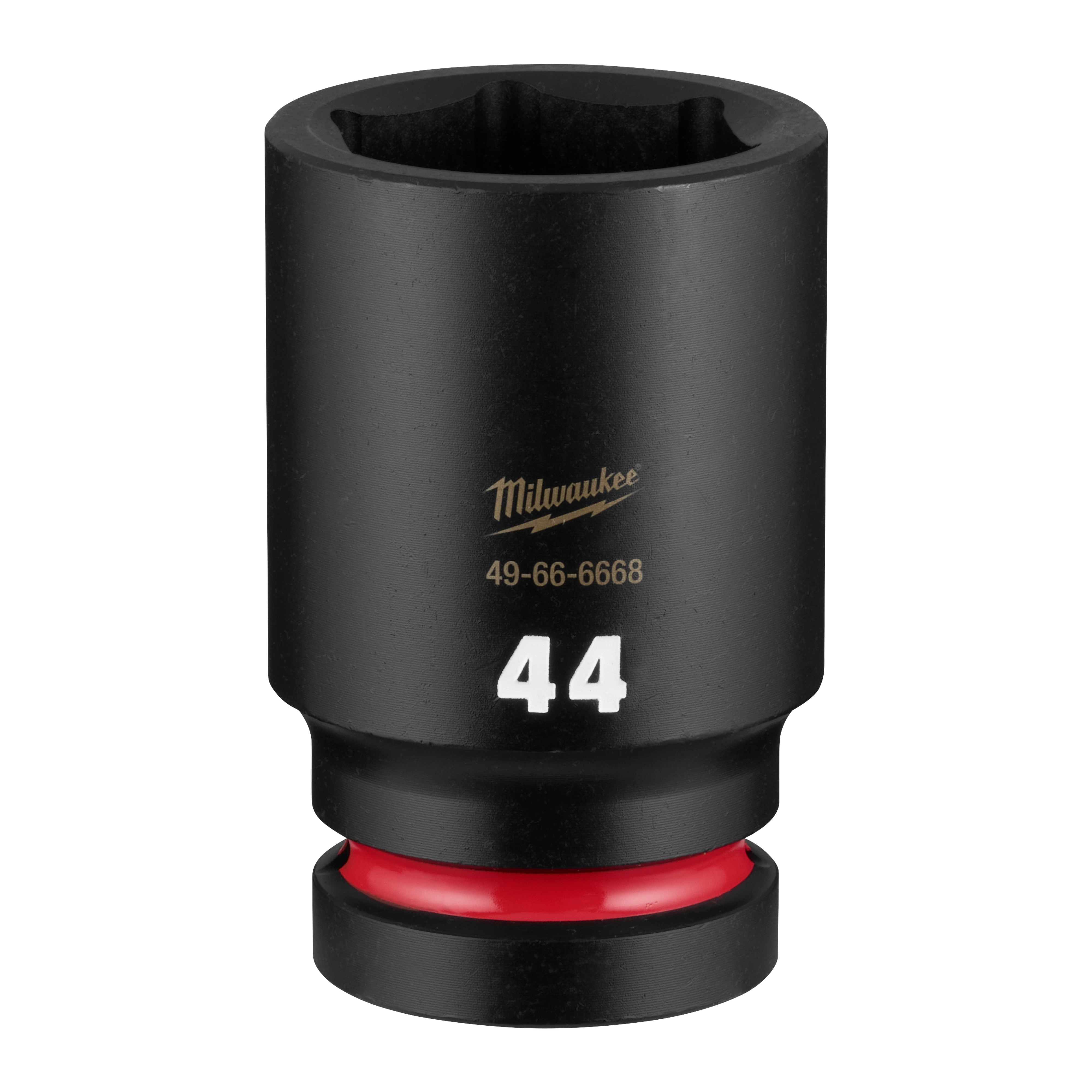 SHOCKWAVE Impact Duty 1" Drive 44mm Deep 6 Point Socket standing upright with 44 marking and red ring near the base.
