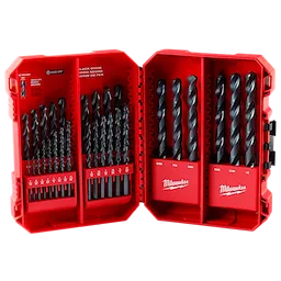 THUNDERBOLT® Black Oxide Drill Bit Set - 29 PC features 29 black oxide-coated drill bits in a red Milwaukee case. The bits are arranged by size across three sections and are designed for durability and extended life while drilling.