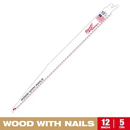 Milwaukee 12-inch saw blade designed for cutting wood with nails, featuring 5 teeth per inch. The blade is white with the brand name and product details in red, and includes an American flag logo.