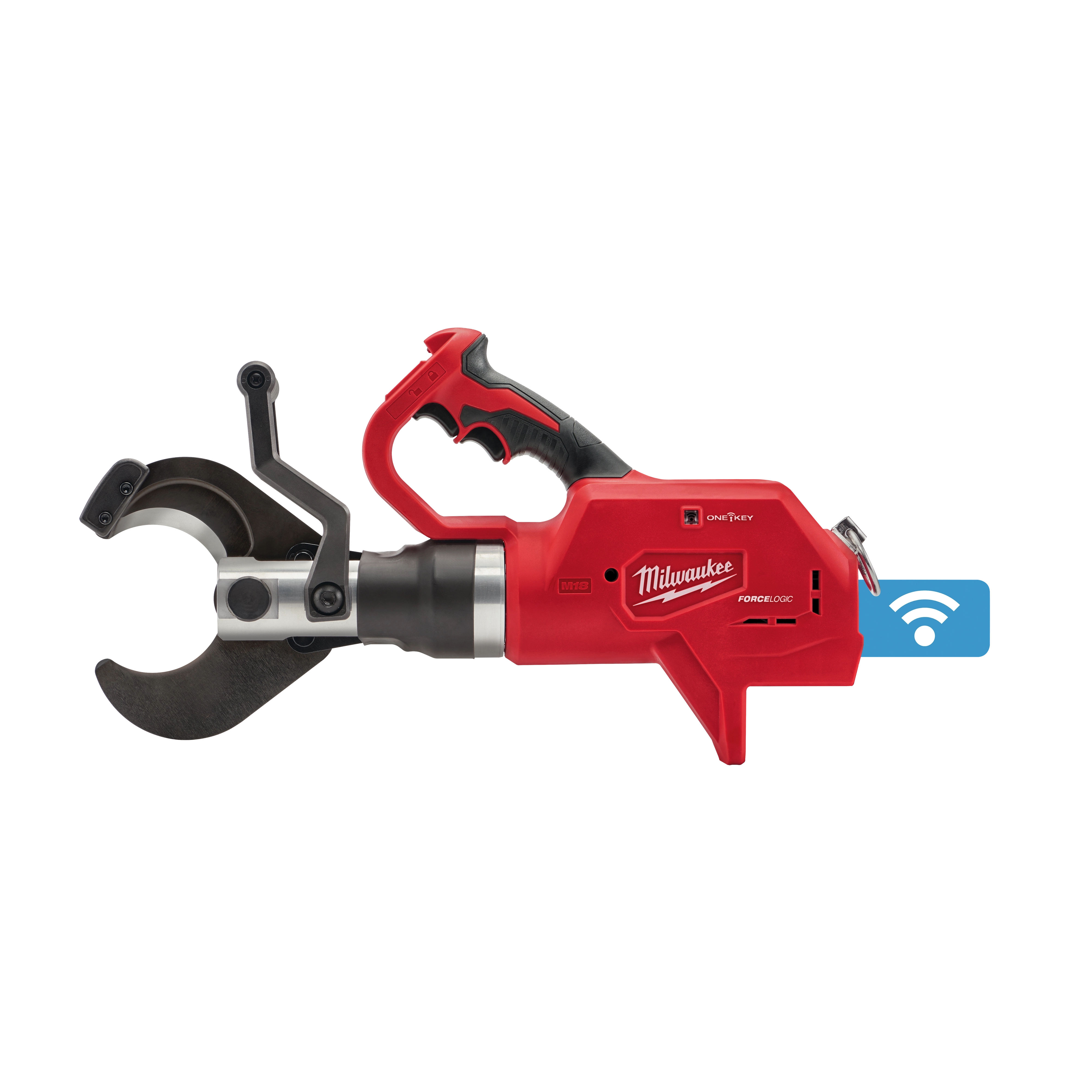 The image shows the M18™ FORCE LOGIC™ 3” Underground Cable Cutter. It features a red, ergonomic design with a robust cutting head for precise underground cable cutting. The cutter also includes a black handle and a blue communication module for connected tool functionality.