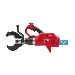 The image shows the M18™ FORCE LOGIC™ 3” Underground Cable Cutter. It features a red, ergonomic design with a robust cutting head for precise underground cable cutting. The cutter also includes a black handle and a blue communication module for connected tool functionality.