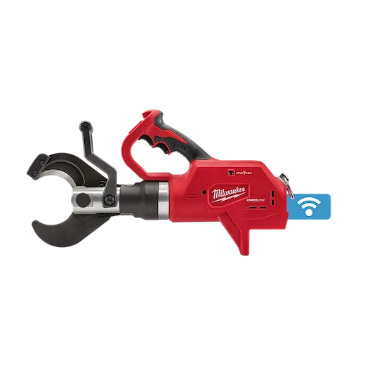 The image shows the M18™ FORCE LOGIC™ 3” Underground Cable Cutter. It features a red, ergonomic design with a robust cutting head for precise underground cable cutting. The cutter also includes a black handle and a blue communication module for connected tool functionality.