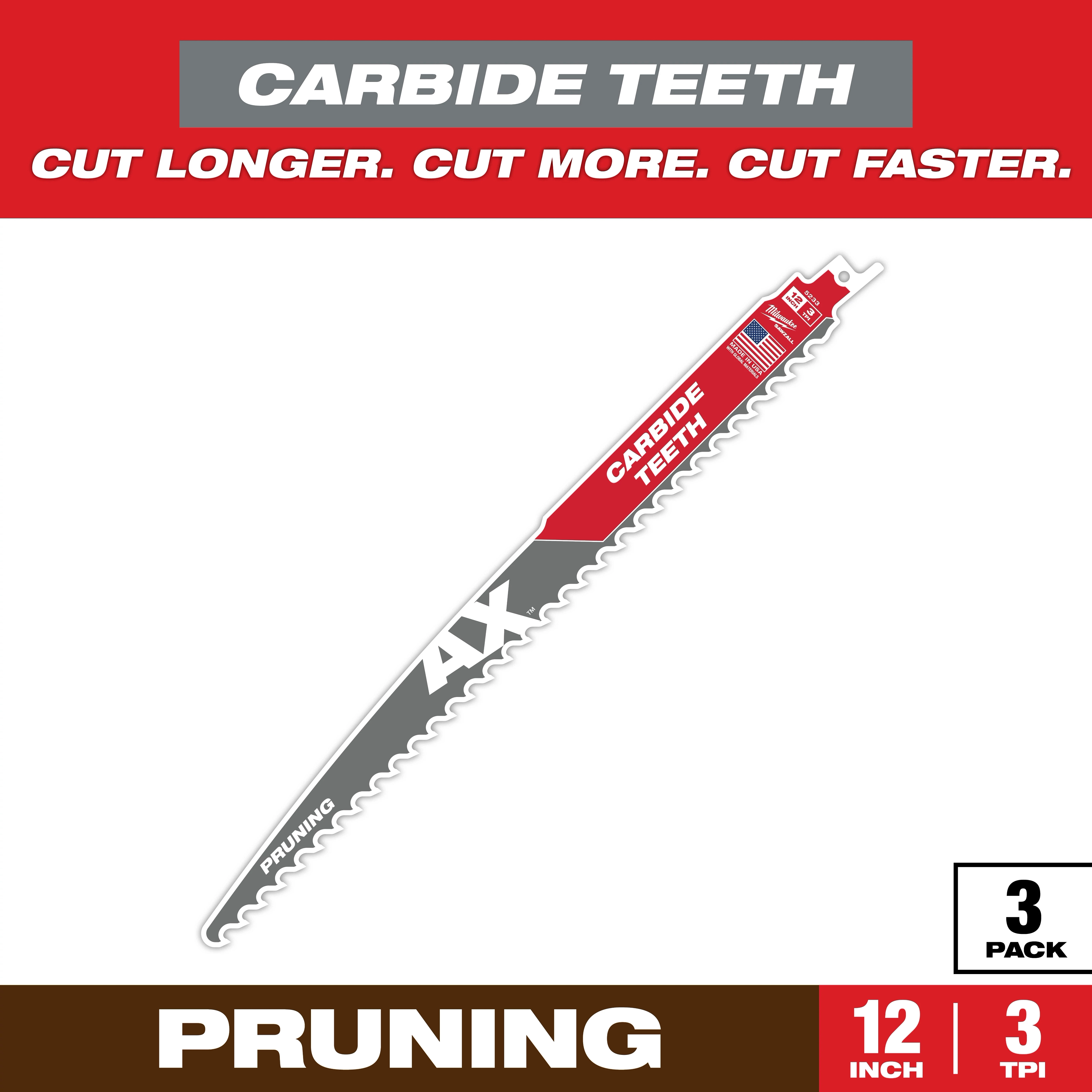 Sawzall Bi-Metal Carbide Primary Images show a 12-inch pruning saw blade with carbide teeth designed for longer-lasting, faster, and more efficient cutting. The blade has 3 teeth per inch (TPI) and comes in a pack of three. The blade features "4X" for durability enhancement.