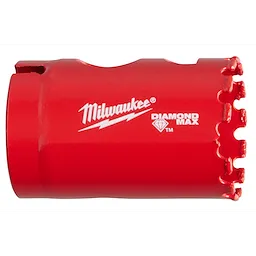 Red Milwaukee 1-3/8" Diamond Max hole saw with diamond grit, designed for drilling hard materials. Logos printed in white on the side.