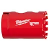 Red Milwaukee 1-3/8" Diamond Max hole saw with diamond grit, designed for drilling hard materials. Logos printed in white on the side.