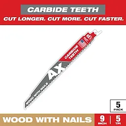 Sawzall Bi-Metal Carbide Primary blade set with "carbide teeth" for cutting wood with nails. Includes five 9-inch, 5 TPI blades, each labeled with "AX" and an American flag icon. Features "Cut Longer. Cut More. Cut Faster.” tagline on red background. Suitable for tough cutting tasks.