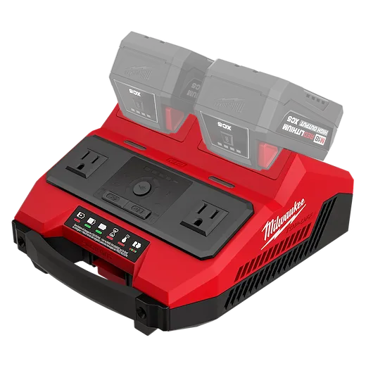 Block Photography image of a red dual-battery charging station with two batteries and power outlets.