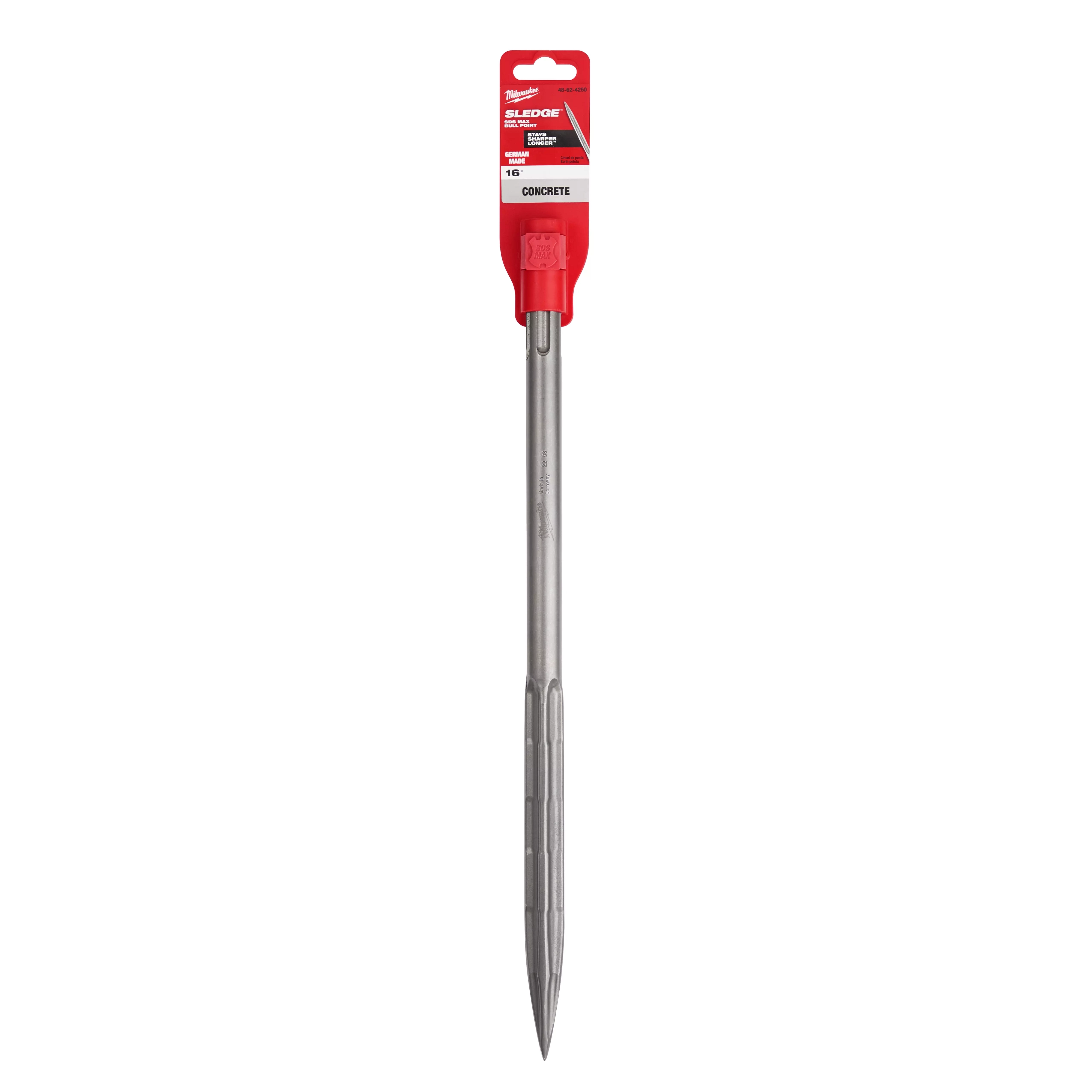 SDS-MAX SLEDGE 16" Bull Point Chisel is a steel construction tool with a pointed tip, designed for chipping and breaking concrete.