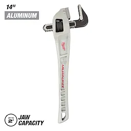 Milwaukee 14-inch Aluminum Pipe Wrench with adjustable, serrated jaws indicates up to 2-inch jaw capacity. The tool features a light gray aluminum handle and a black adjustment knob, with the Milwaukee logo on the handle.