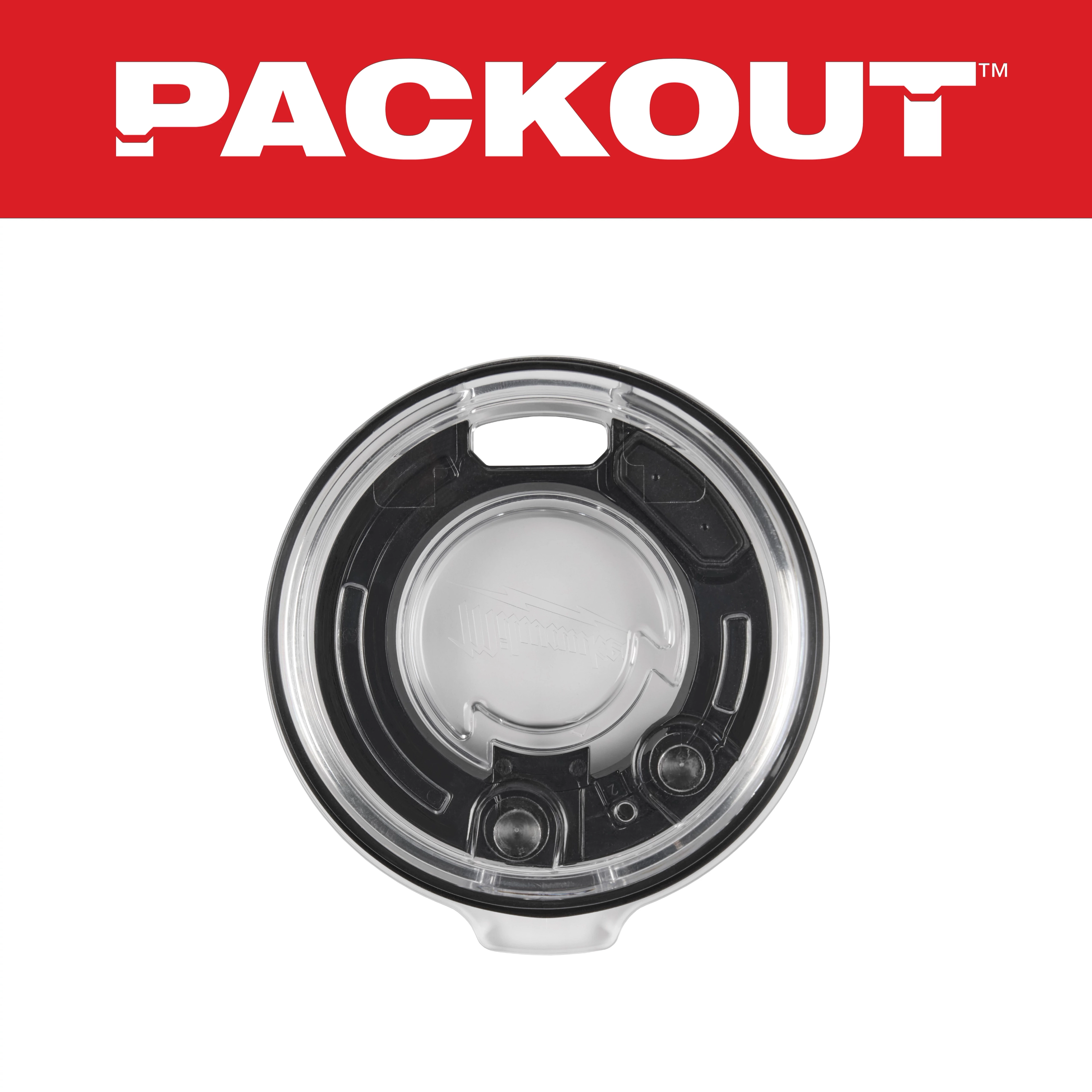 Primary Image of a round, clear plastic lid with a black sealing mechanism and "PACKOUT" written in bold red letters above.