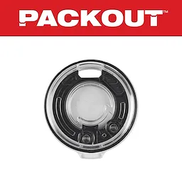 Primary Image of a round, clear plastic lid with a black sealing mechanism and "PACKOUT" written in bold red letters above.