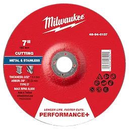 Milwaukee-branded 7" x 3/32" x 7/8" Performance+ Metal Cut Off Wheel Type 27 for cutting metal and stainless steel, max RPM 8500.