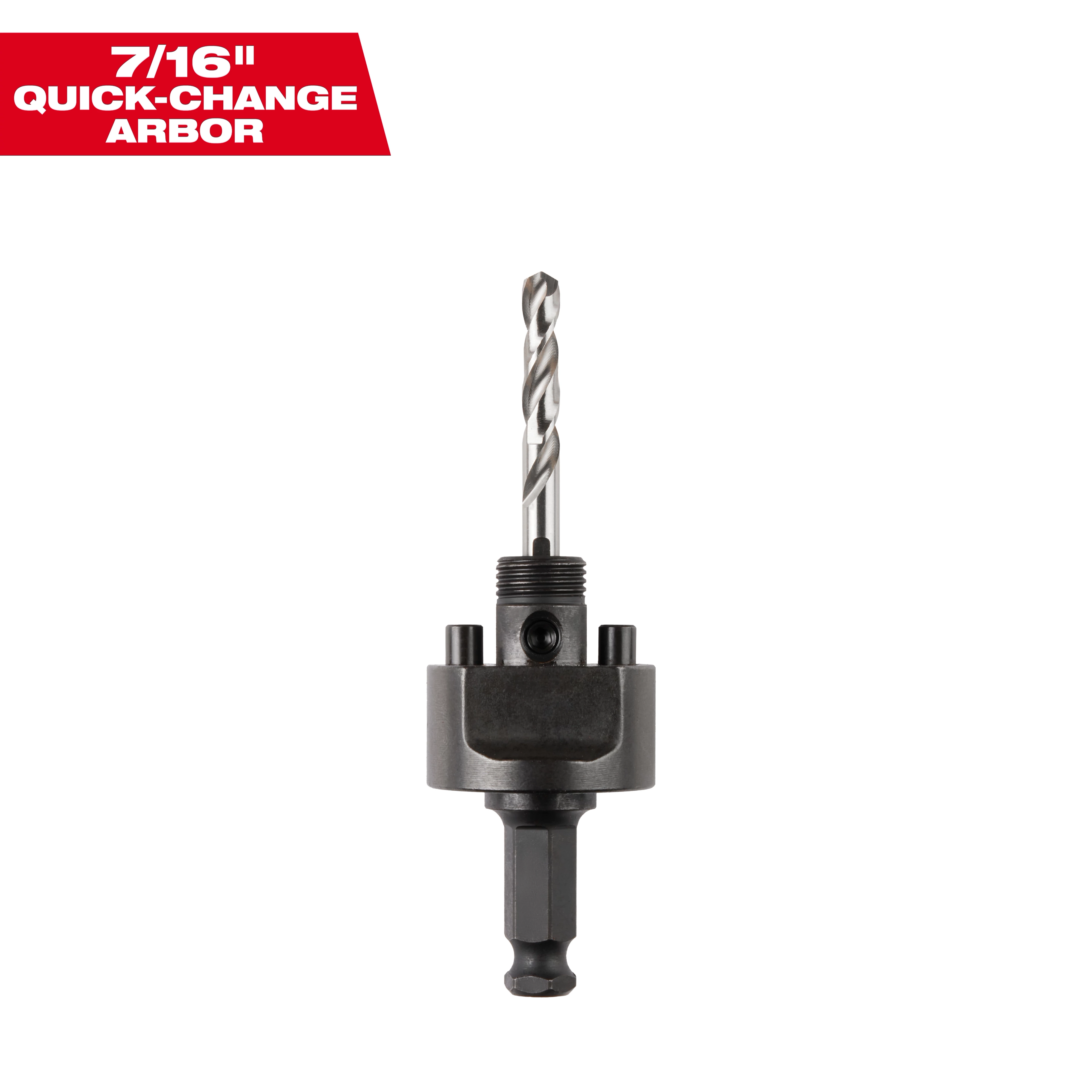 7/16" Quick-Change Arbor with a central drill bit, featuring a hex shank and a threaded collar for compatibility with varying hole saws.