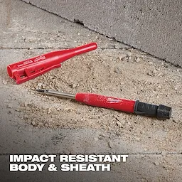 Red Mechanical Pencil with Lead Pack features a red impact-resistant body and sheath, lying on a dusty concrete surface.