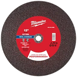 12" x 1/8" x 20mm Performance+ Metal Cut Off Wheel for cutting metal and stainless steel. Red center label with specifications.