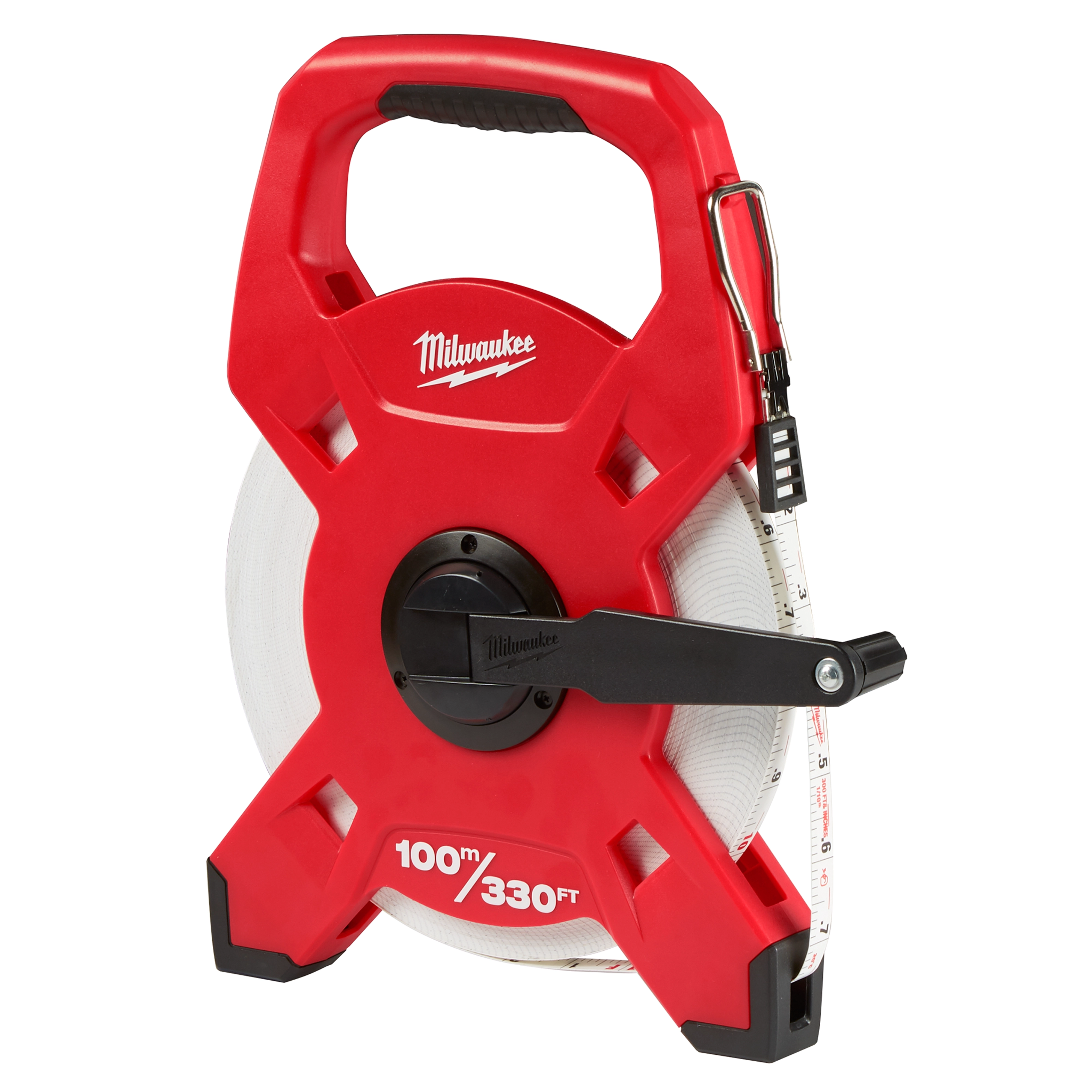 Red 100m/330ft fiberglass long tape with a foldable handle for easy winding and carrying, featuring a locking mechanism on the casing.