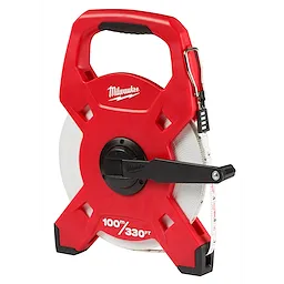 Red 100m/330ft fiberglass long tape with a foldable handle for easy winding and carrying, featuring a locking mechanism on the casing.