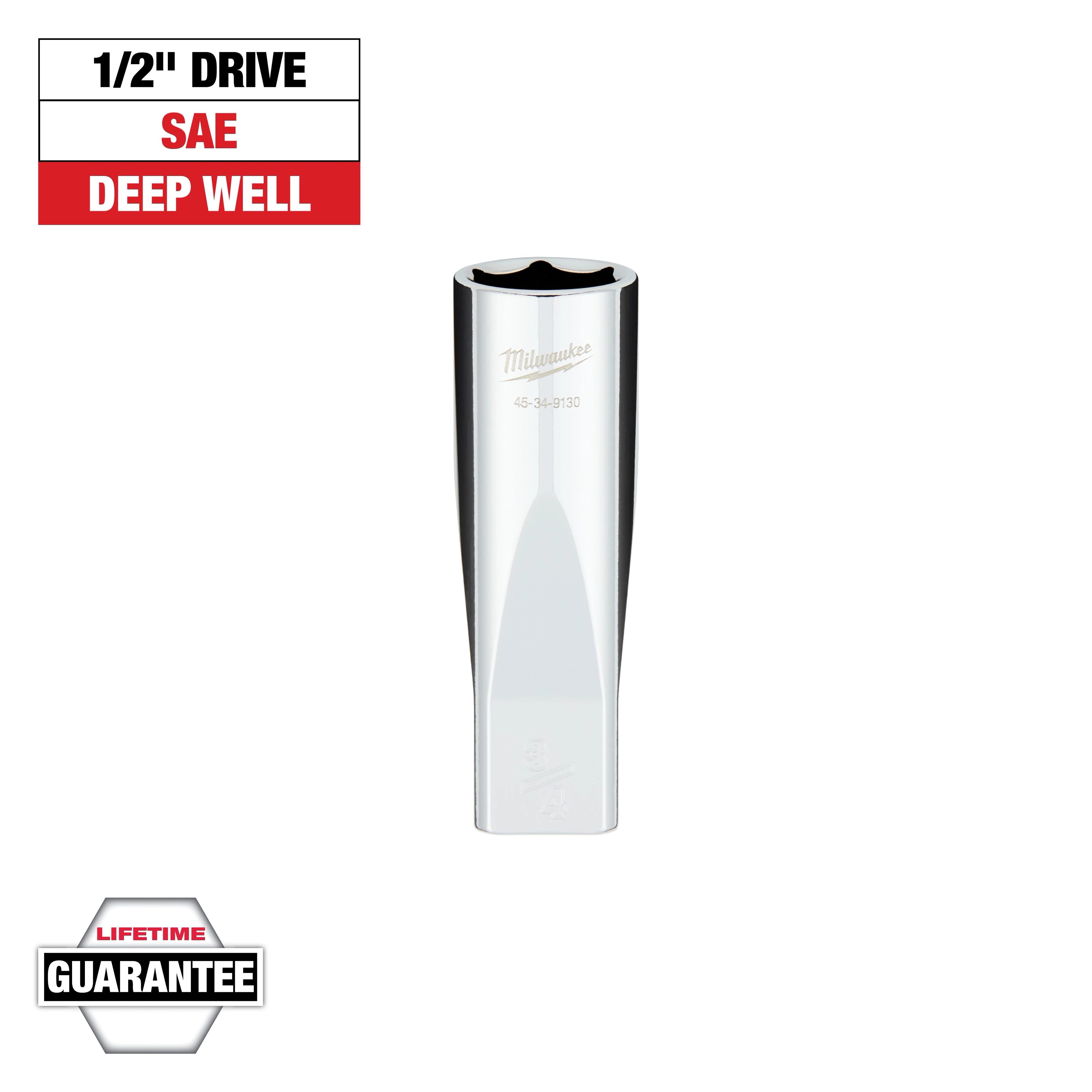 The image shows a Milwaukee 1/2" drive SAE deep well socket with a polished finish. Text above notes "1/2" Drive", "SAE", and "Deep Well". At the bottom, a badge states "Lifetime Guarantee".