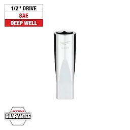 The image shows a Milwaukee 1/2" drive SAE deep well socket with a polished finish. Text above notes "1/2" Drive", "SAE", and "Deep Well". At the bottom, a badge states "Lifetime Guarantee".