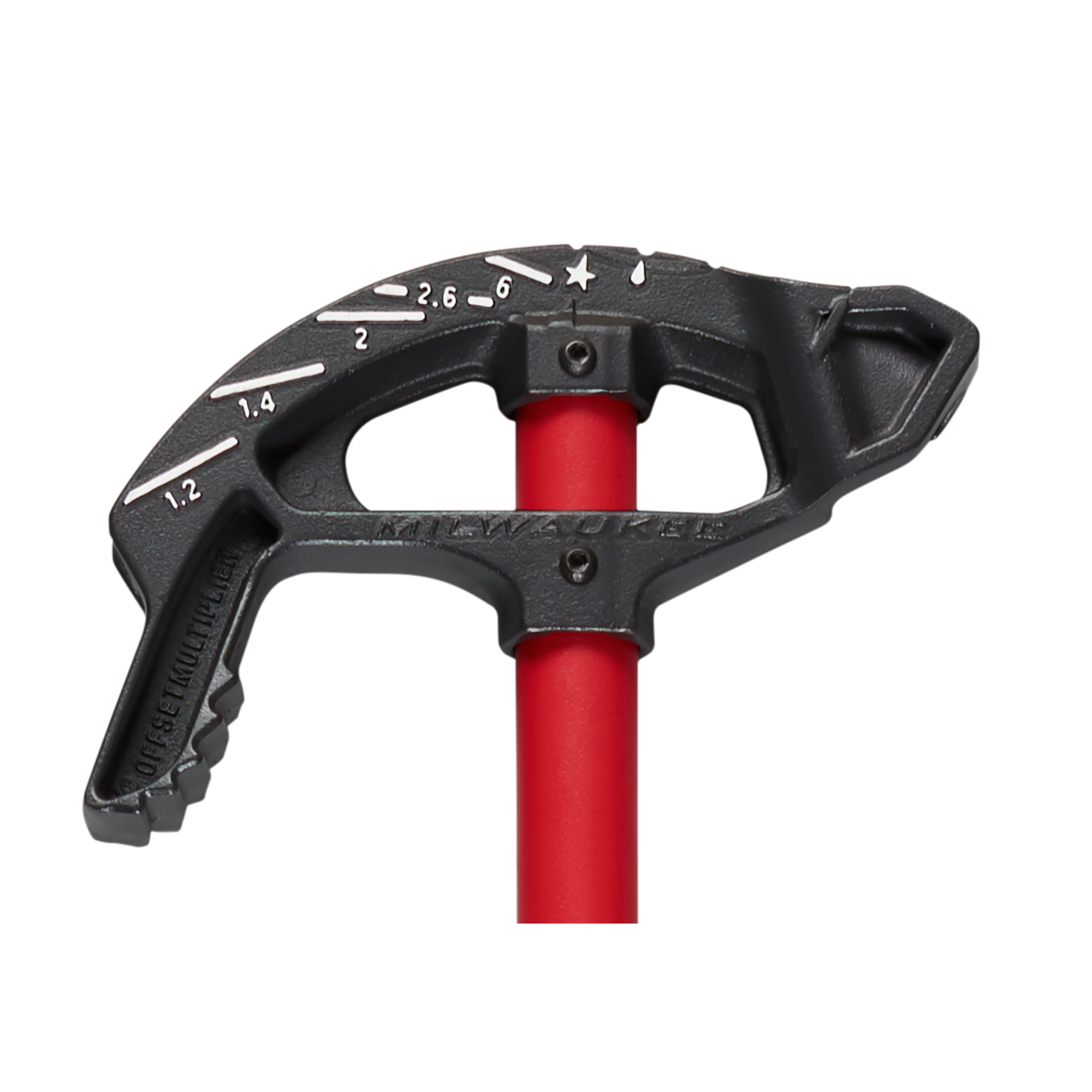 The 3/4" EMT Iron Conduit Bender features a durable metal head with degree markings and a red handle.