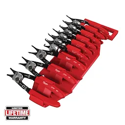 The image shows a set of Milwaukee locking pliers with red handles, neatly arranged in a red holder. Each plier has varying jaw angles labeled on them. A "Limited Lifetime Warranty" icon is in the bottom left corner.