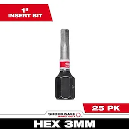 Image of a SHOCKWAVE™ 1" Impact Duty Hex 3 MM Insert Bits Bulk 25-pack. The bit is silver with a red and white band, and a black hex base. The text "1" Insert Bit" and "25 PK" are displayed on red banners.