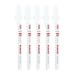 Pack of five 3" 20TPI T-Shank Wood Bi-Metal Jig Saw Blades aligned vertically, each with white and red markings.