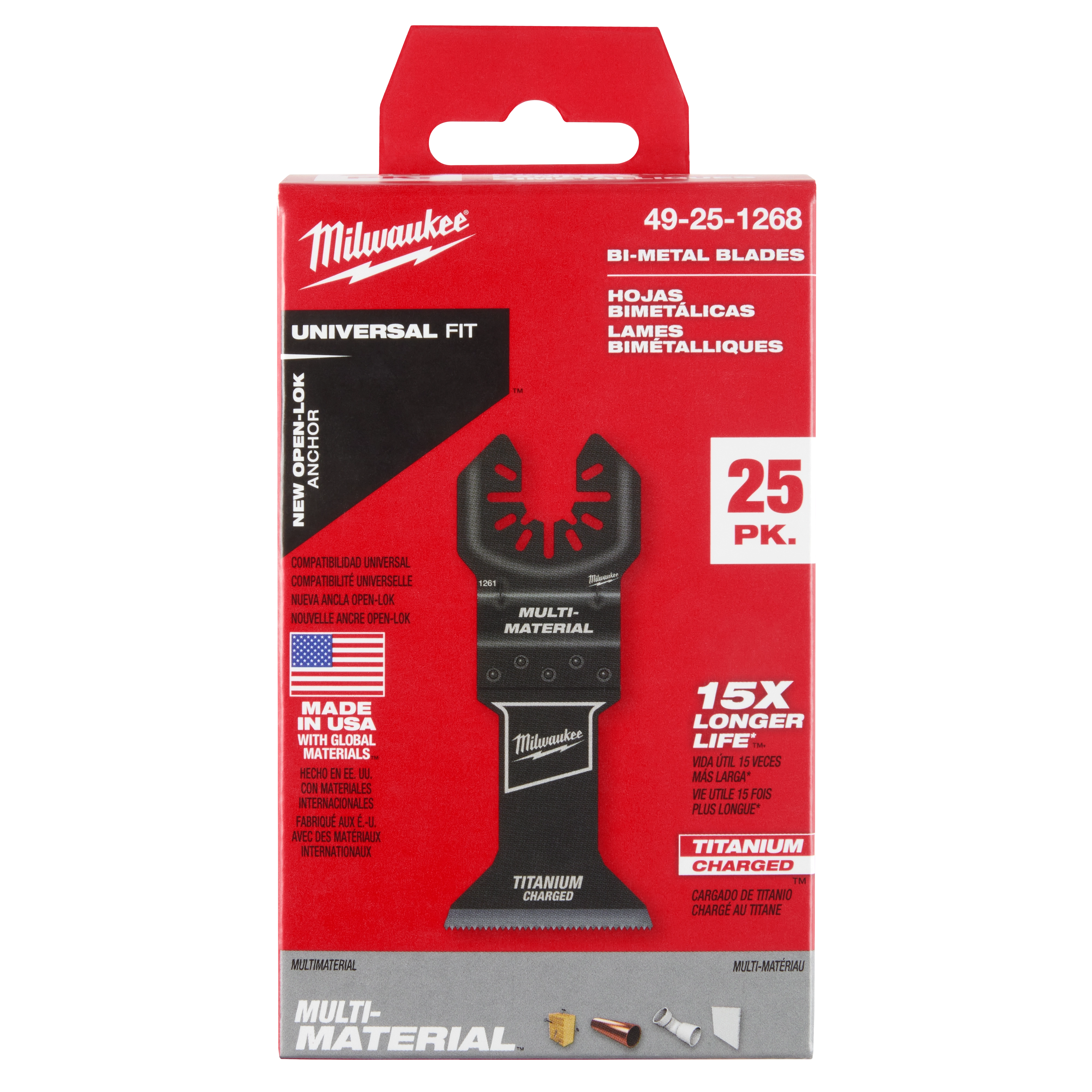 Red and black packaging of Milwaukee OPEN-LOK 1-3/4" Titanium Charged Bi-Metal Multi-Material Multi-Tool Blades, 25-pack.