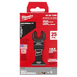 Red and black packaging of Milwaukee OPEN-LOK 1-3/4" Titanium Charged Bi-Metal Multi-Material Multi-Tool Blades, 25-pack.
