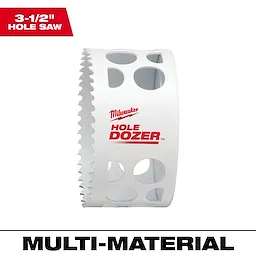 3-1/2" Hole Dozer Bi-Metal Hole Saw with white body, sharp serrated edge, and red branding text reading "Hole Dozer."