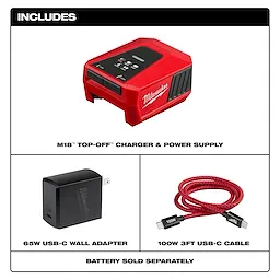 The image features the M18™ TOP-OFF™ Charger & Power Supply, a 65W USB-C wall adapter, and a 100W 3ft USB-C cable. The charger is red with ports and control buttons on its front. Additionally, the battery required for operation is sold separately.
