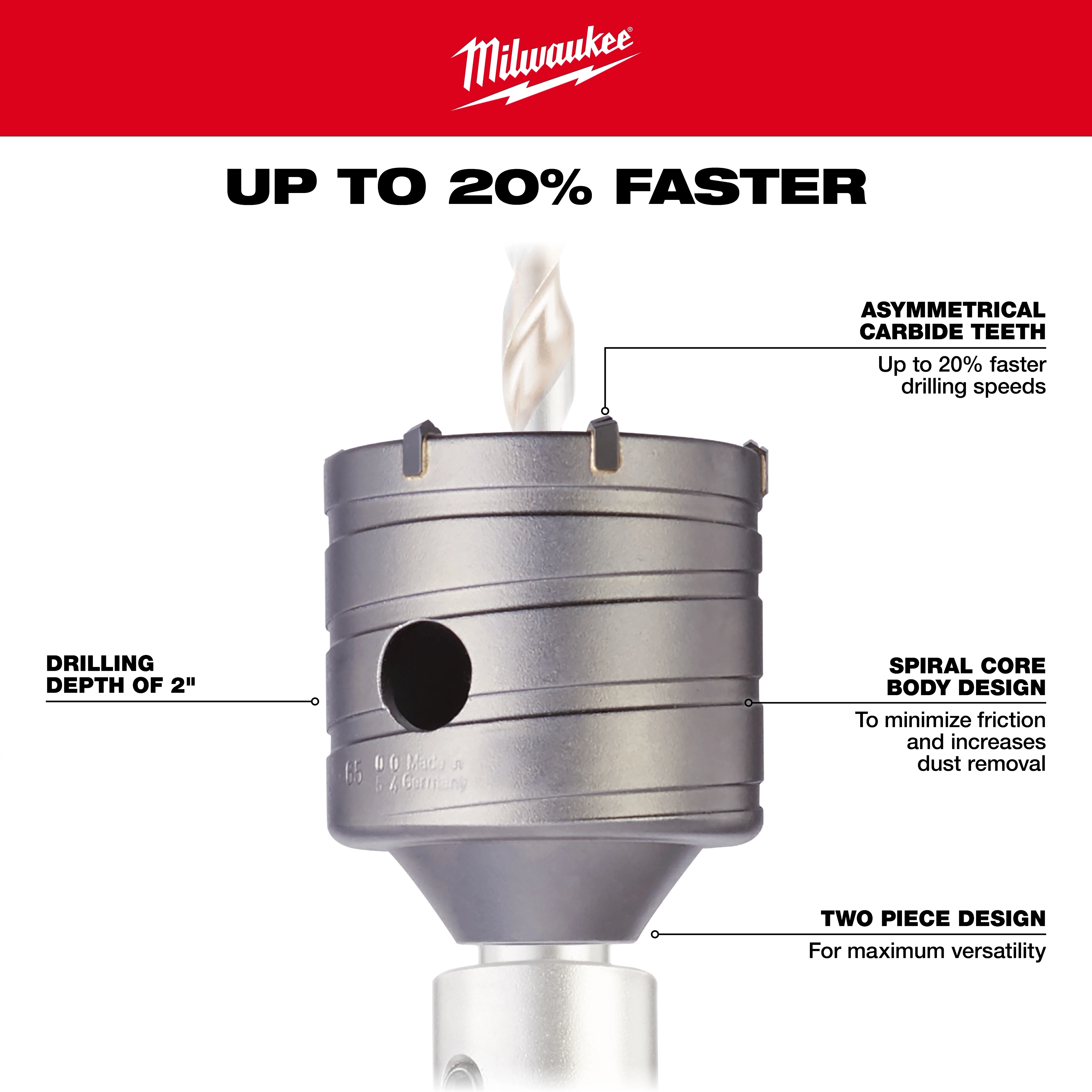 The SDS Plus CORE 2-9/16"x2" features asymmetrical carbide teeth for faster drilling, spiral core design for dust removal, and a two-piece design.