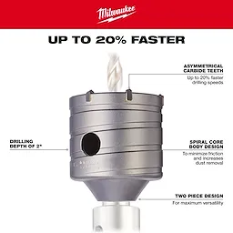 The SDS Plus CORE 2-9/16"x2" features asymmetrical carbide teeth for faster drilling, spiral core design for dust removal, and a two-piece design.