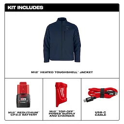 M12 Heated TOUGHSHELL Jacket in navy blue, along with an M12 REDLITHIUM CP3.0 battery, M12 top-off power supply and charger, and a USB-C cable.