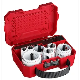 13 PC HOLE DOZER KIT in a red, open case with multiple white hole saws and black arbors arranged neatly inside.