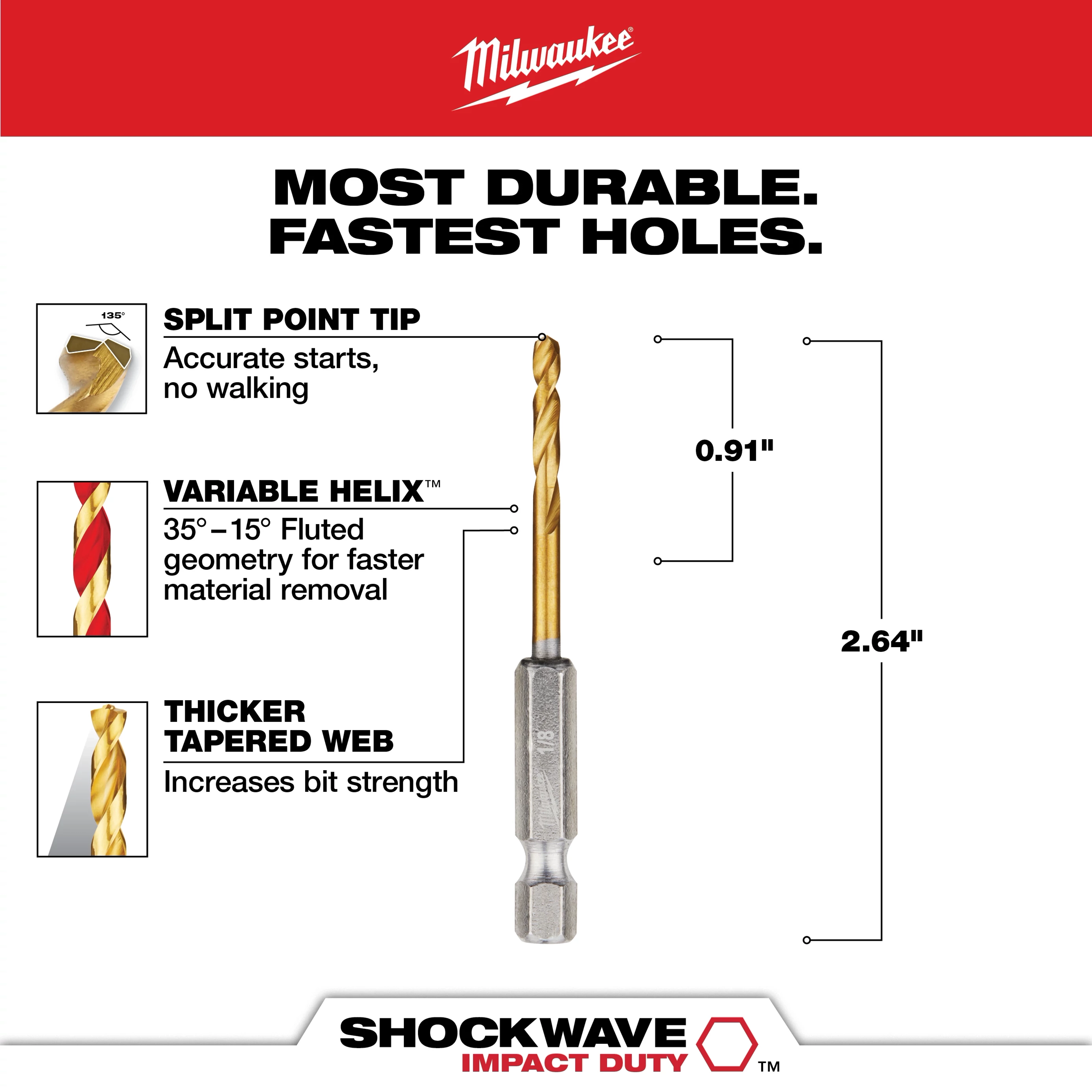 The SHOCKWAVE 1/8 in. Titanium Twist Drill Bit (2-Pack) features a split point tip for precise starts, a variable helix for faster material removal, and a thicker tapered web for added strength. The drill bit measures 0.91 inches in length and 2.64 inches overall.