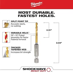 The SHOCKWAVE 1/8 in. Titanium Twist Drill Bit (2-Pack) features a split point tip for precise starts, a variable helix for faster material removal, and a thicker tapered web for added strength. The drill bit measures 0.91 inches in length and 2.64 inches overall.