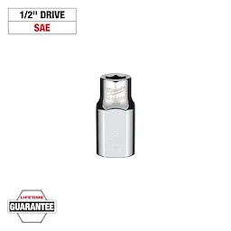 This image shows a chrome 1/2 inch drive SAE socket with the Milwaukee brand engraved. There's a "Lifetime Guarantee" badge at the bottom and text at the top reads "1/2'' DRIVE SAE."