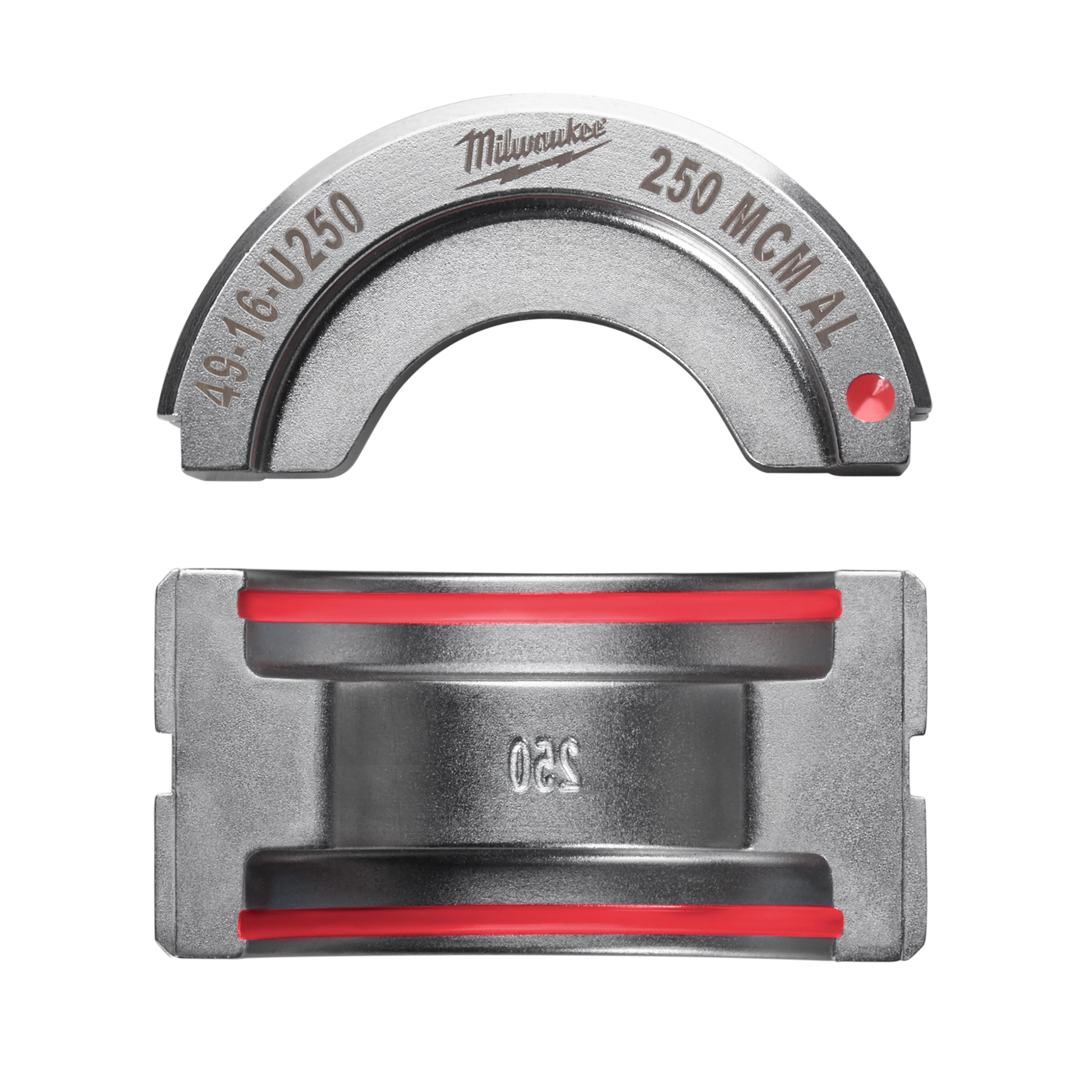 The 250 MCM Aluminum U Style Die is a metallic tool component with red accents, displaying the number 250 imprinted on it. It is designed for crimping applications specific to 250 MCM aluminum conductors.
