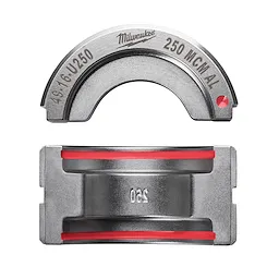 The 250 MCM Aluminum U Style Die is a metallic tool component with red accents, displaying the number 250 imprinted on it. It is designed for crimping applications specific to 250 MCM aluminum conductors.