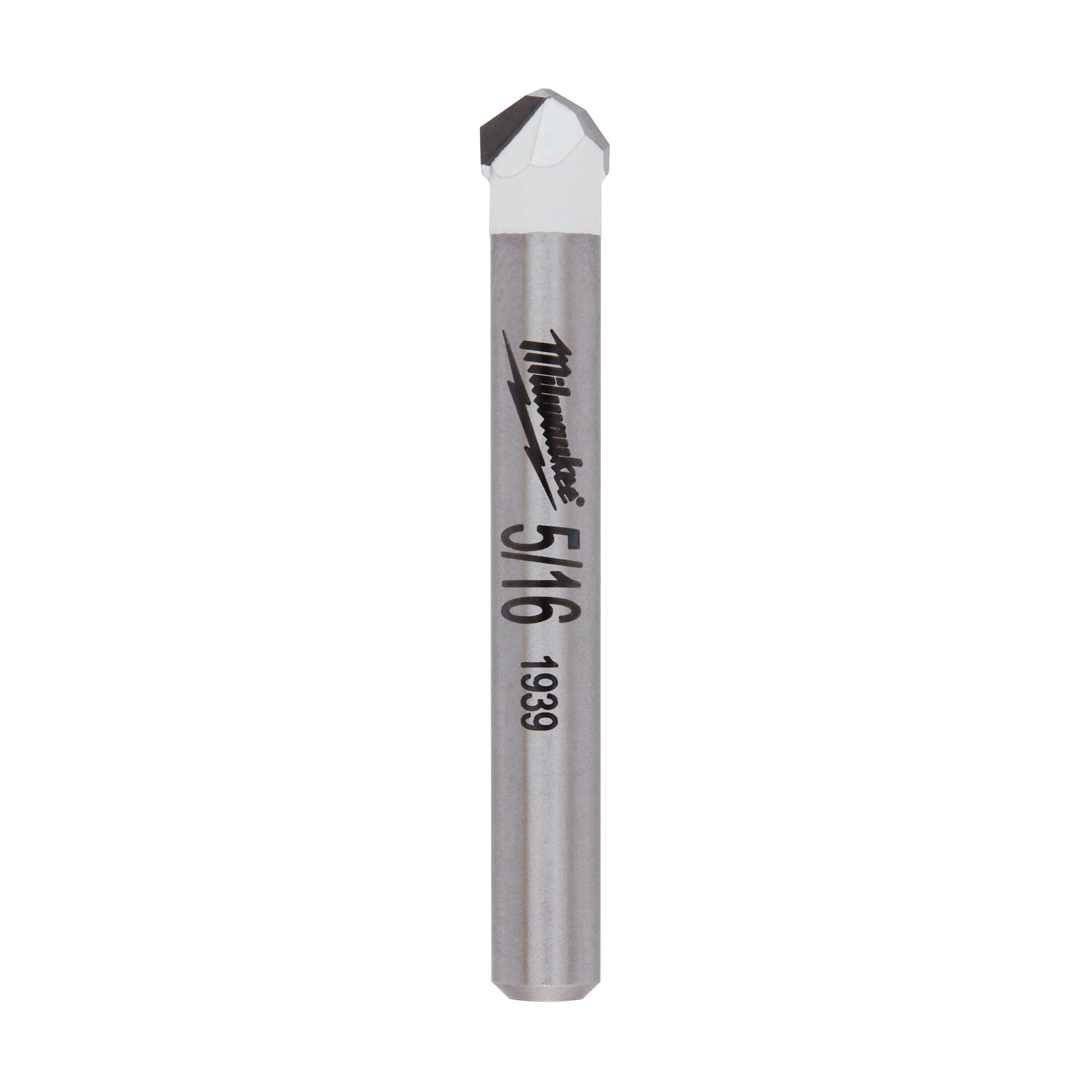 5/16" Natural Stone Bit with a solid carbide tip and cylindrical steel shank, featuring an engraved company logo and size.
