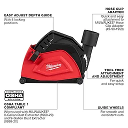 The Milwaukee 5" Cutting Dust Shroud features a red and black design with easy-adjust depth guide, hose clip adapter, tool-free setup, and guide plate.