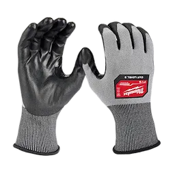 Cut Level 3 High Dexterity Polyurethane Dipped Gloves - S in gray with black fingertips and palms, featuring a red label.