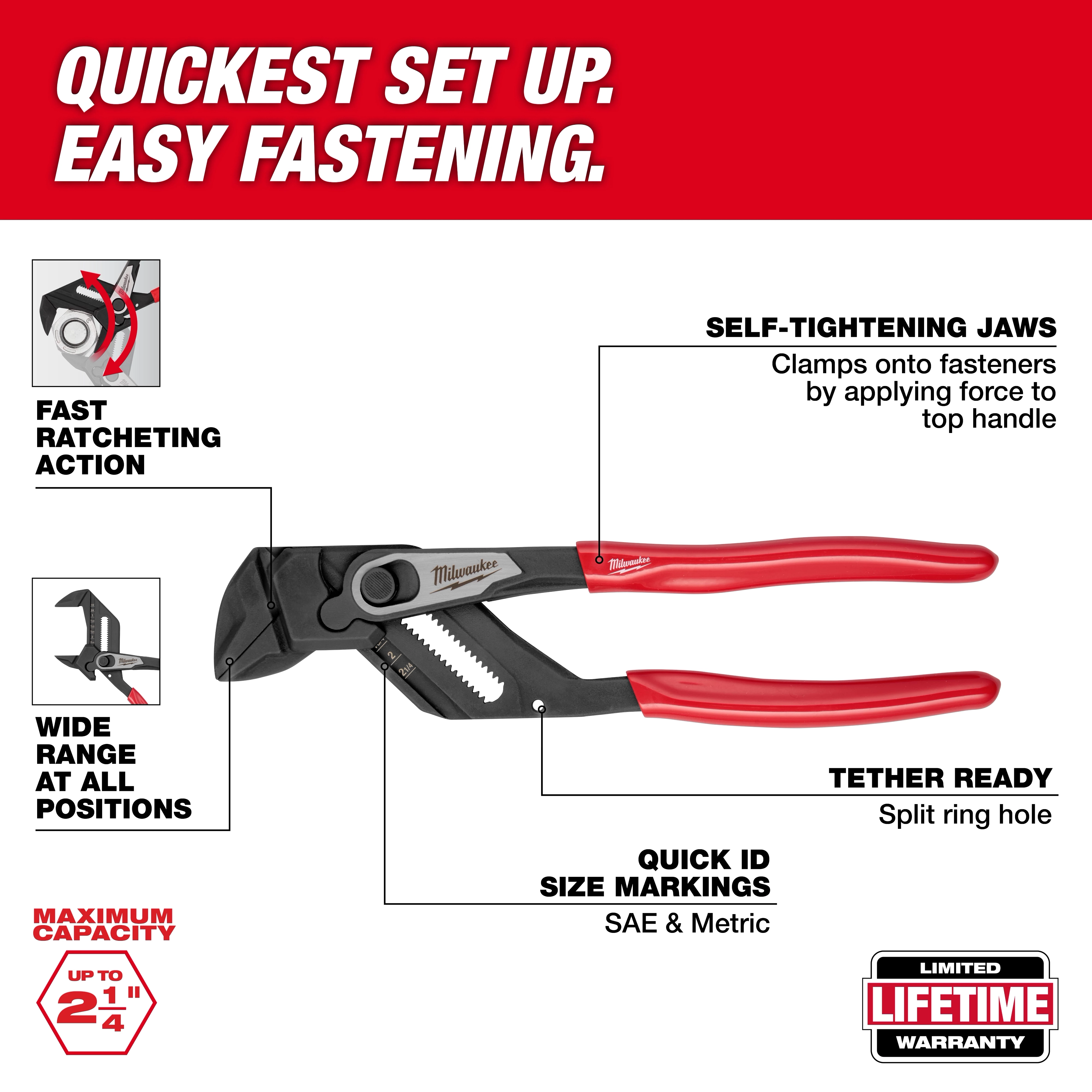 The 10" Pliers Wrench features self-tightening jaws, fast ratcheting action, wide range at all positions, and quick ID size markings.