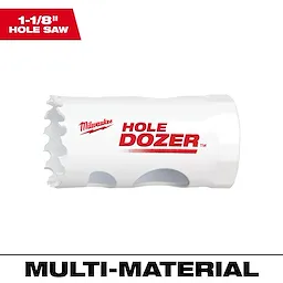 1-1/8" Hole Dozer Bi-Metal Hole Saw with white body and red text, designed for multi-material cutting applications.