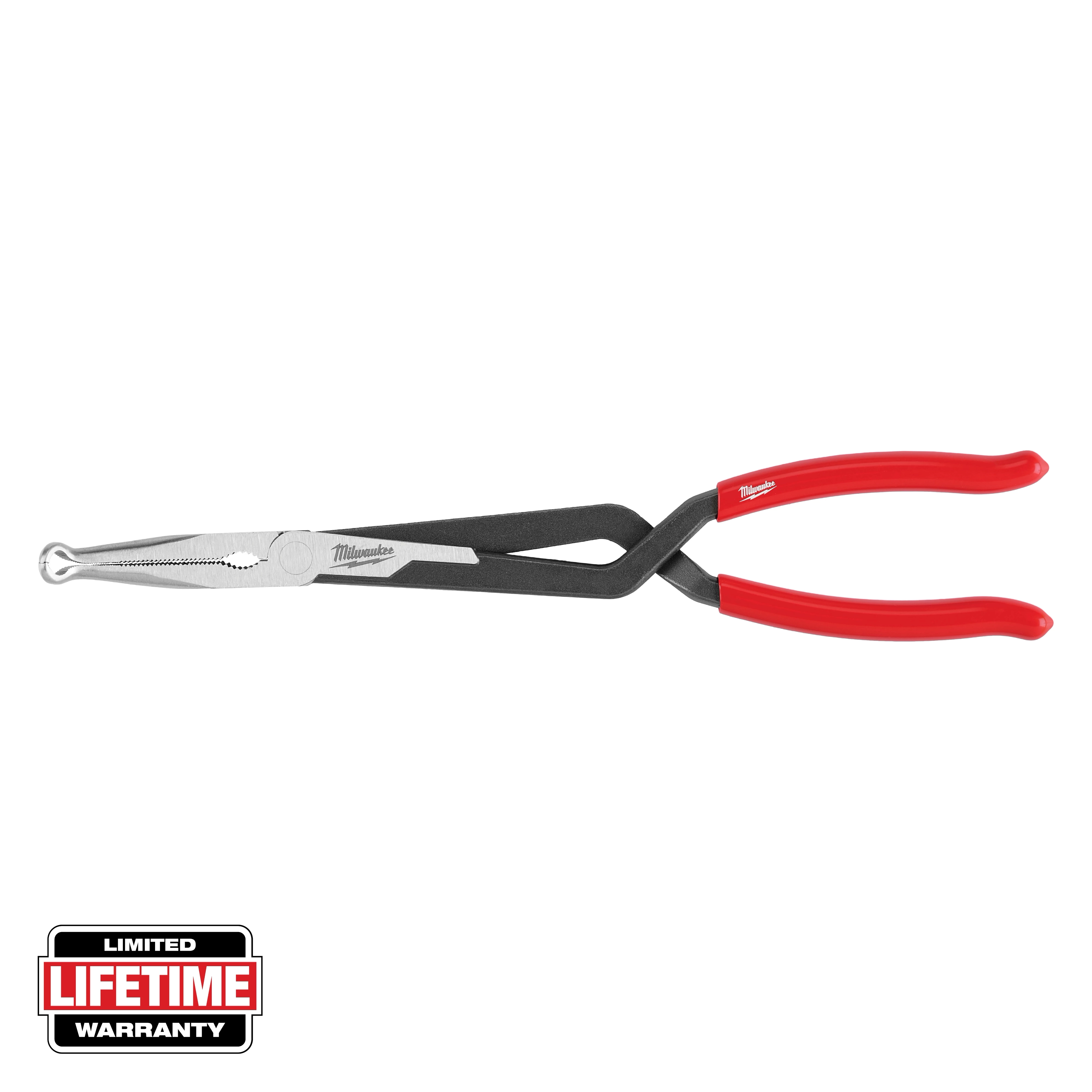 This image shows a pair of long, black Milwaukee needle-nose pliers with red handles. The top left corner displays a "Limited Lifetime Warranty" label.