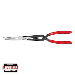 This image shows a pair of long, black Milwaukee needle-nose pliers with red handles. The top left corner displays a "Limited Lifetime Warranty" label.